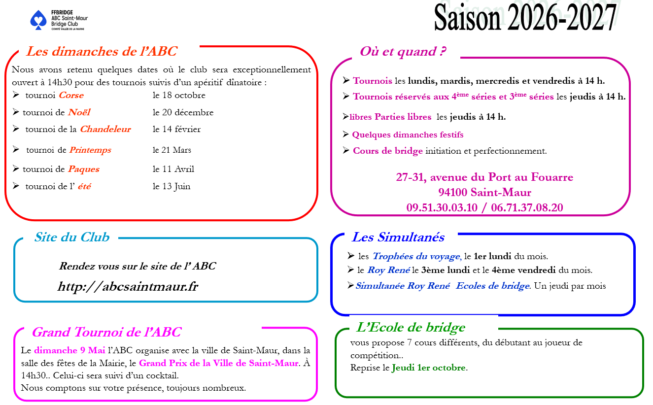 Les activités du club pour la saison 2026-2027