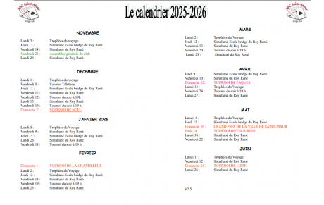Le calendrier de la saison 2025-2026